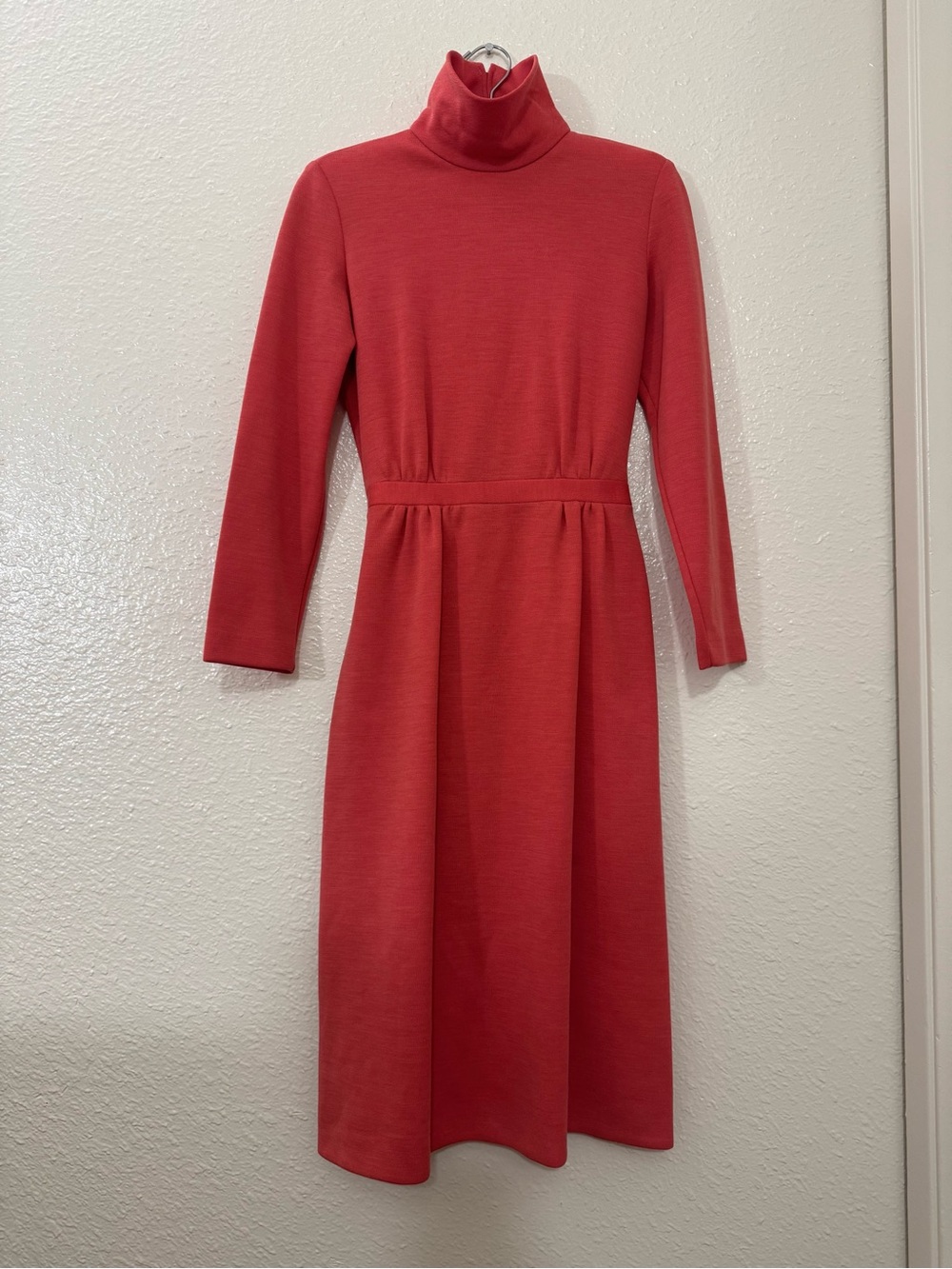 Vintage David Crystal Coral Pink Turtleneck Belted Midi Dress Size 8
